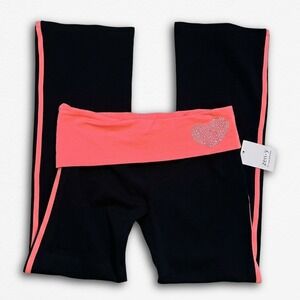 Zen-Y Women Yoga Pants Black Pink Stripe Rhinestone Heart Fold Over Waist NWT